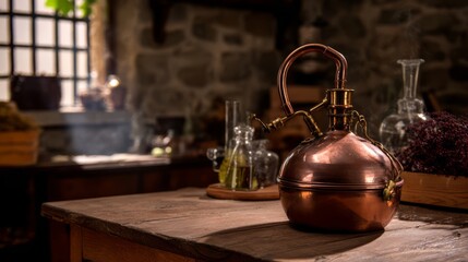 alembic. Vintage copper alembic still on a wooden workbench in an alchemist's workshop with a blurred background. STEM education sheets.
