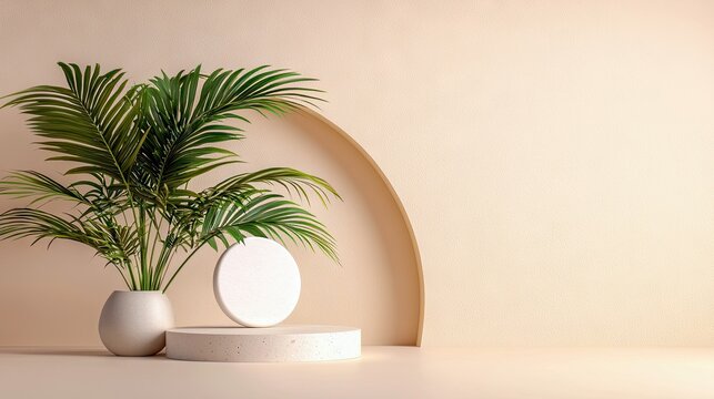 A lush green potted palm plant sits on a textured white pedestal next to a circular white object, framed by a curved beige arch against a plain, softly lit beig