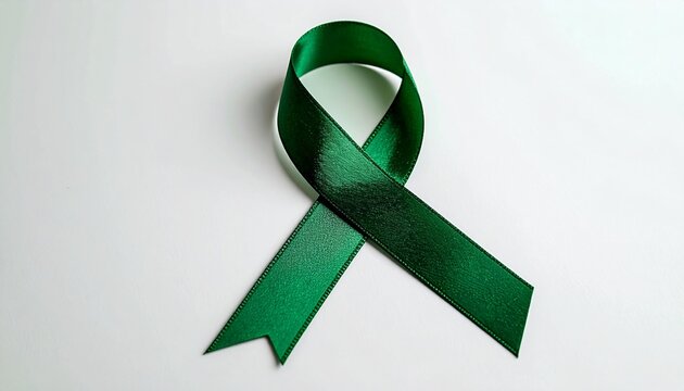 Green ribbon isolated on white, green ribbon is the international symbol of mental health awareness, Global warming awareness, Natural disasters awareness, brain injuries awareness. 