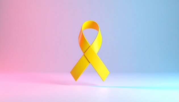 A yellow awareness ribbon, a symbol of support and hope for various causes, on a soft pink and blue gradient background. 