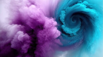 A dynamic and abstract composition featuring swirling clouds of vibrant purple and teal colored smoke or powder colliding and creating a vortex effect. The ligh