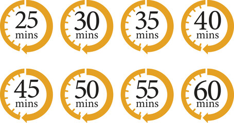 Minute Timer Icon set.Minute interval circular arrow vector. Countdown timer symbol.Alarm clock symbol. Watch countdown and Stopwatch sign. Simple express pictogram collection. Label cooking time.