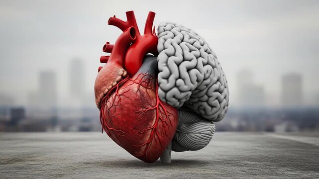 Conceptual Balance of Emotional Heart and Rational Brain with City Backdrop