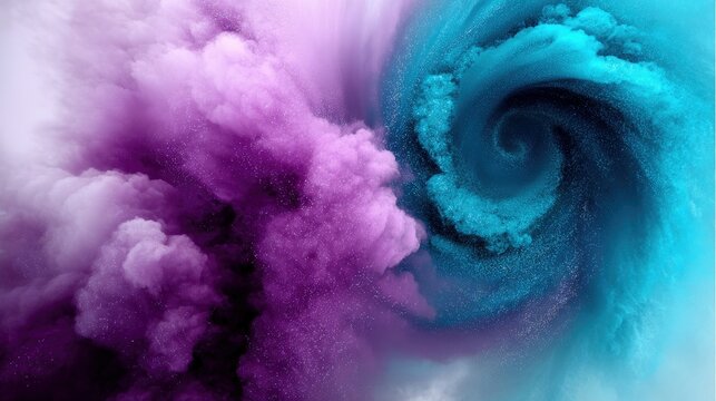 A dynamic and abstract composition featuring swirling clouds of vibrant purple and teal colored smoke or powder colliding and creating a vortex effect. The ligh