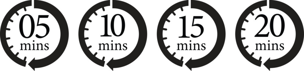 Minute Timer Icon set.Minute interval circular arrow vector. Countdown timer symbol.Alarm clock symbol. Watch countdown and Stopwatch sign. Simple express pictogram collection. Label cooking time.