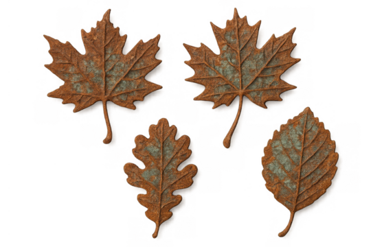 Autumn metallic leaves decor on transparent background showing different shapes for fall season design elements