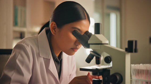 Cinematic medium shot in anamorphic format of a technician observing samples through a microscope, warm soft lighting, bright sterile background, no shadows, subtle orbiting camera movement