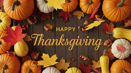 Happy Thanksgiving greeting with a festive arrangement of pumpkins gourds and colorful autumn leaves on a rustic wooden background video - Powered by Adobe