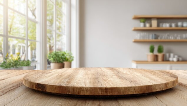 A wooden table is in the foreground of a bright kitchen with a large window, shelves, and potted plants, creating a welcoming and inviting atmosphere for culinary activities
