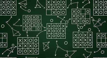 Seamless pattern of chalk drawn tictactoe game plays and strategy arrows on a dark green chalkboard 49438670 1
