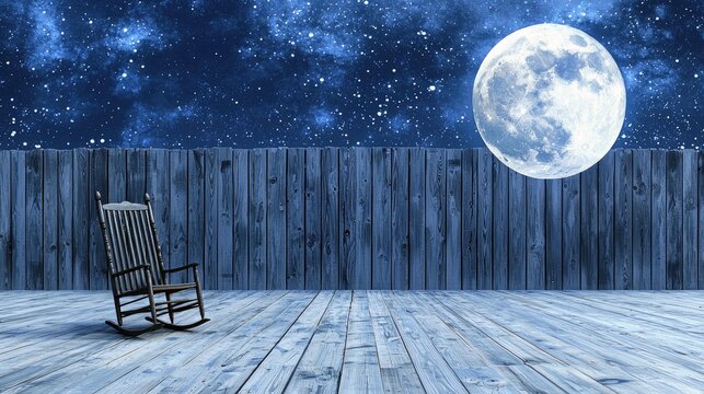 An empty, dark wooden rocking chair sits on a weathered wooden deck. Behind it is a rustic wooden fence. The background is a deep blue night sky filled with sta - Powered by Adobe