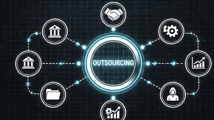 Digital interface showing outsourcing concept with business icons - Powered by Adobe