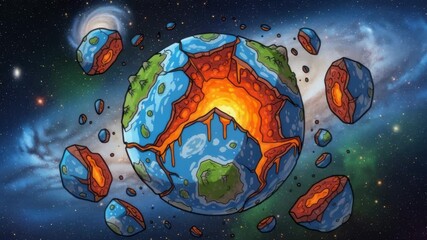 Animated depiction of a fractured Earth, revealing its molten core amidst a cosmic backdrop - Powered by Adobe