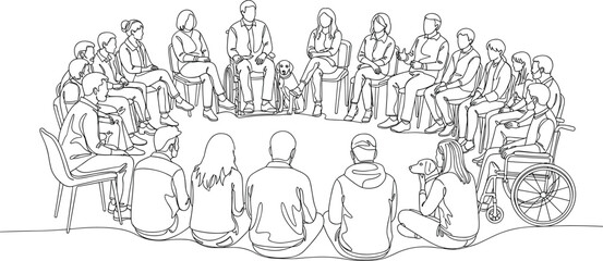 Community support group meeting, diverse people sitting in a circle, therapy session illustration, teamwork discussion, mental health gathering concept