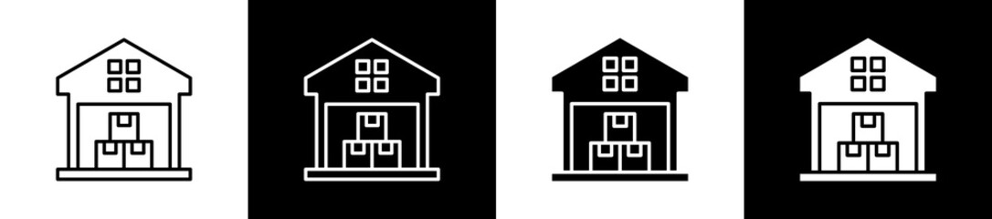 Garage icon set in line and glyph style on black and white background