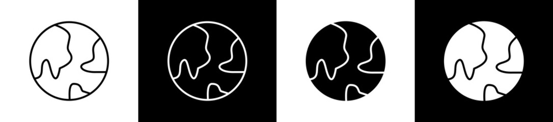 Global icon set in line and glyph style on black and white background