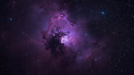 a deep purple nebula with intricate swirling clouds of gas and dust set against a dark indigo backdrop filled with countless twinkling stars of varying brightness and color including vibrant blues.
