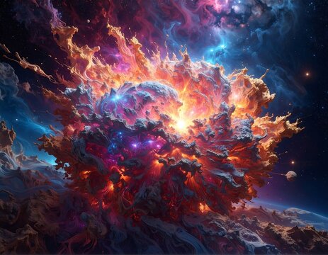 Colorful cosmic explosion with swirling nebulae and stars
