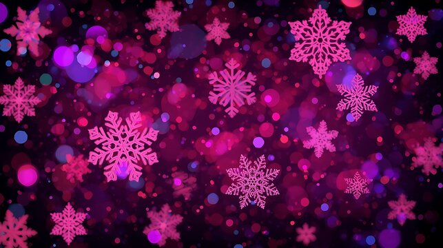 Festive winter wallpaper featuring a vivid arrangement of large and small glowing pink and purple snowflakes. Dark, rich background highlights a mixture of luminous snowflake designs.