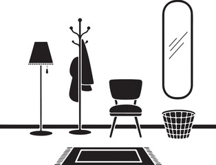 Minimal Black Silhouette Vector Set of Hall Corner Coat Rack Chair Rug Mirror Basket Lamp