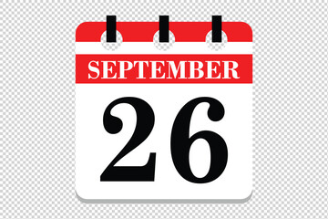 26 September Calendar icon vector, 26 dates of September month calendar icon, dates of September 26 icon calendar, vector calendar icon.