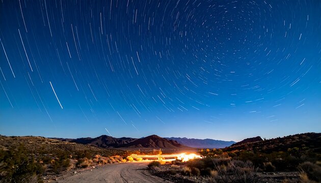 Long exposure shot of a night sky filled with star trails over a desert landscape, including hills and a road - Powered by Adobe