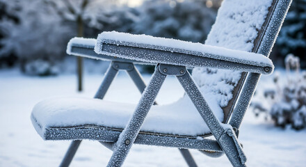 Close-up of snowy chair armrest symbolizing the detail of winter stillness