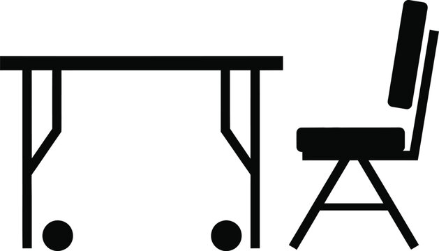 Simple black silhouette icon of a table with wheels and a chair, essential furniture for office, study, or classroom use, isolated on white background