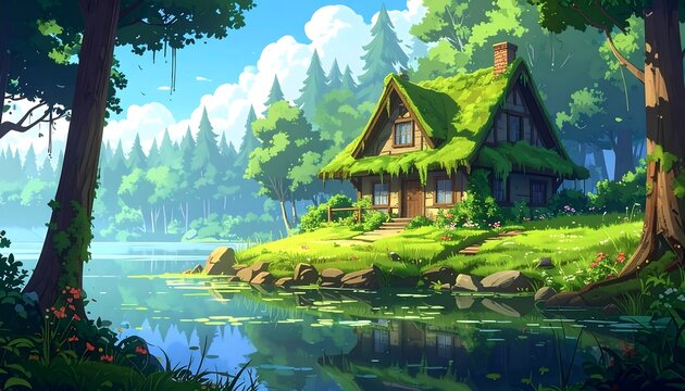 Lush illustration showcases a quaint cottage by a still lake, embraced by a vibrant forest, with lush greenery