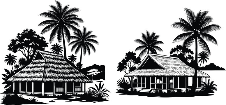 Detailed black silhouettes of traditional tropical huts with thatched roofs nestled among tall palm trees on an island