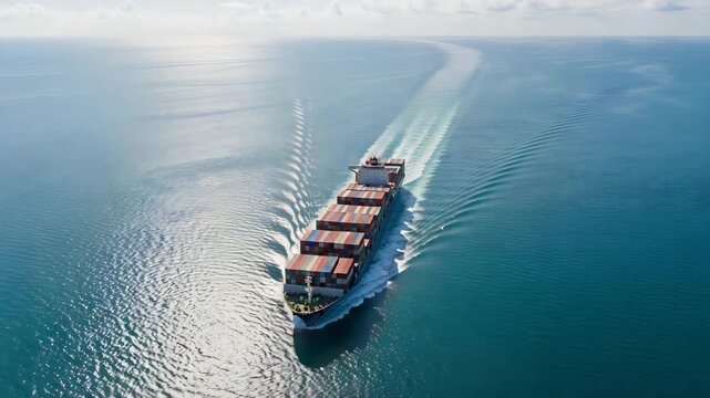 Aerial view of a cargo ship sailing across a tranquil ocean during the day