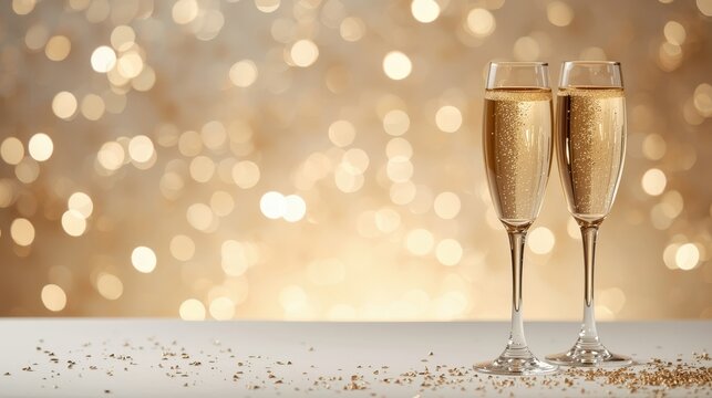 Two glasses of champagne standing on a white table with gold confetti. Bright golden bokeh background. Festive atmosphere for New Year or wedding celebrations. - Powered by Adobe