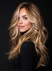Naklejka premium A portrait of a young woman with long, wavy blonde hair and a confident expression, wearing a black sweater against a dark background