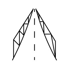 Road and Bridge Infrastructure Icon Black solid icon of a road on a steel structure bridge representing infrastructure, transportation development, travel route, and public construction.
