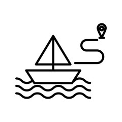 Boat and Navigation Route Map Icon Black boat icon with water waves and a location route pin representing marine navigation, travel direction, GPS tracking, and sailing route planning.