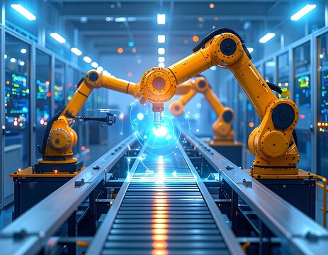 Modern automated industrial assembly line, featuring multiple robotic arms performing tasks with a futuristic glowing effect