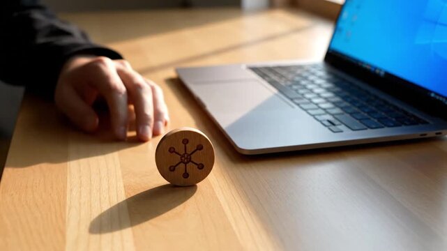 Sunlight illuminates a wooden desk where a person's hand rests near a laptop and a custom token symbolizing global networking and business