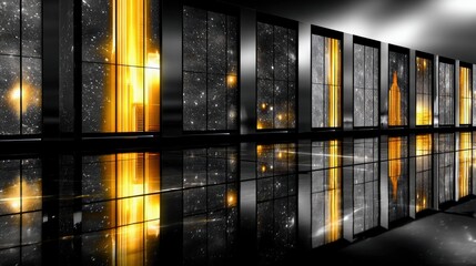 A row of server racks with screens displaying glowing golden data streams and starry backgrounds, reflected on a polished floor in a dark, futuristic room.