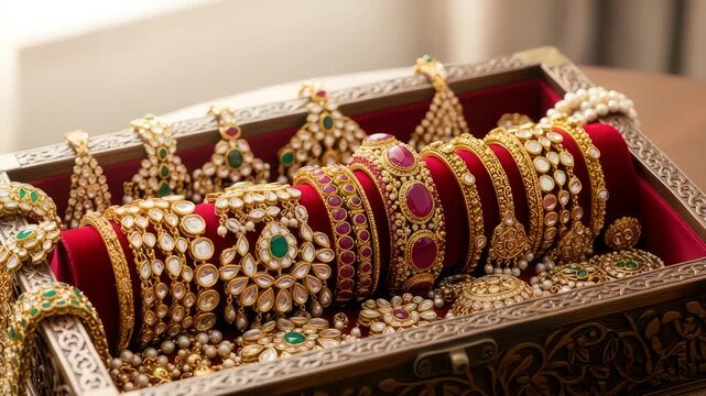 Elegant indian jewelry collection close up in wooden box, showcasing gold bangles, earrings, and