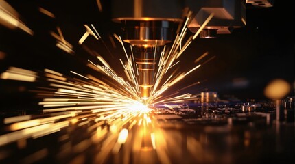 Dynamic laser cutting scene with vibrant sparks illuminating the workspace.