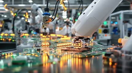 High-tech robotic arms assembling circuit boards in a modern factory setting.