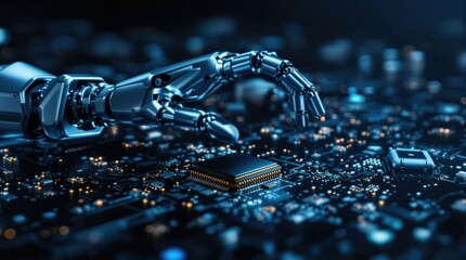 A robotic hand reaching out to touch a circuit board, symbolizing advanced technology and automation.
