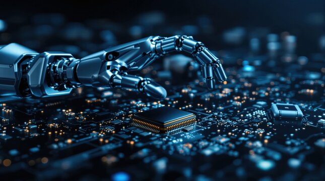 A robotic hand reaching out to touch a circuit board, symbolizing advanced technology and automation.