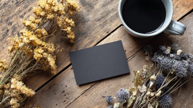 Blank black business card template on wooden desk with coffee cup ring stains and dried flowers