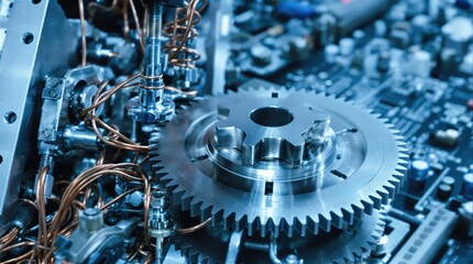 Close-up of a mechanical gear amidst intricate circuitry and technology components.
