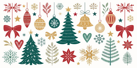 Vector  christmas  christmas ornaments and decorations including trees snowflakes and bows on white background