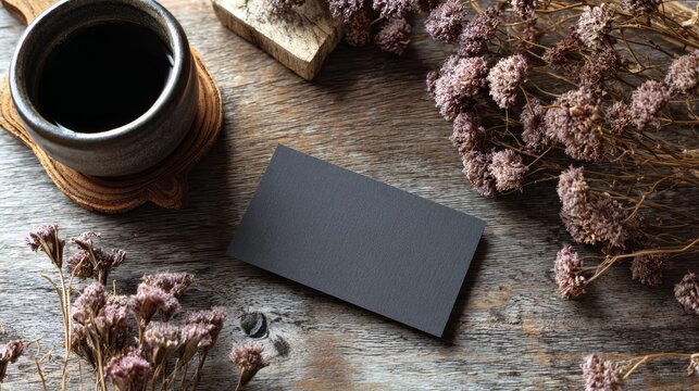 Blank black business card template on wooden desk with coffee cup ring stains and dried flowers