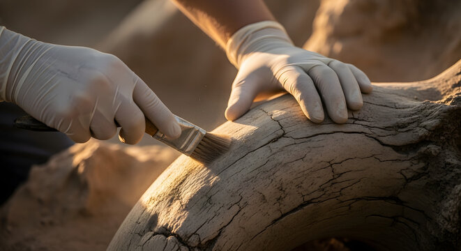 Archaeologist carefully brushes dirt from a fossilized bone at an excavation site