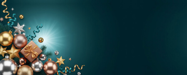 Christmas and New Year Holiday Corner Border with Gold and Silver Shiny Ornaments, Gift Box, and Teal Confetti on a Dark Teal Background with Central Light Burst