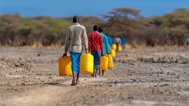 Children Carrying Water Containers in a Drought-Stricken Landscape